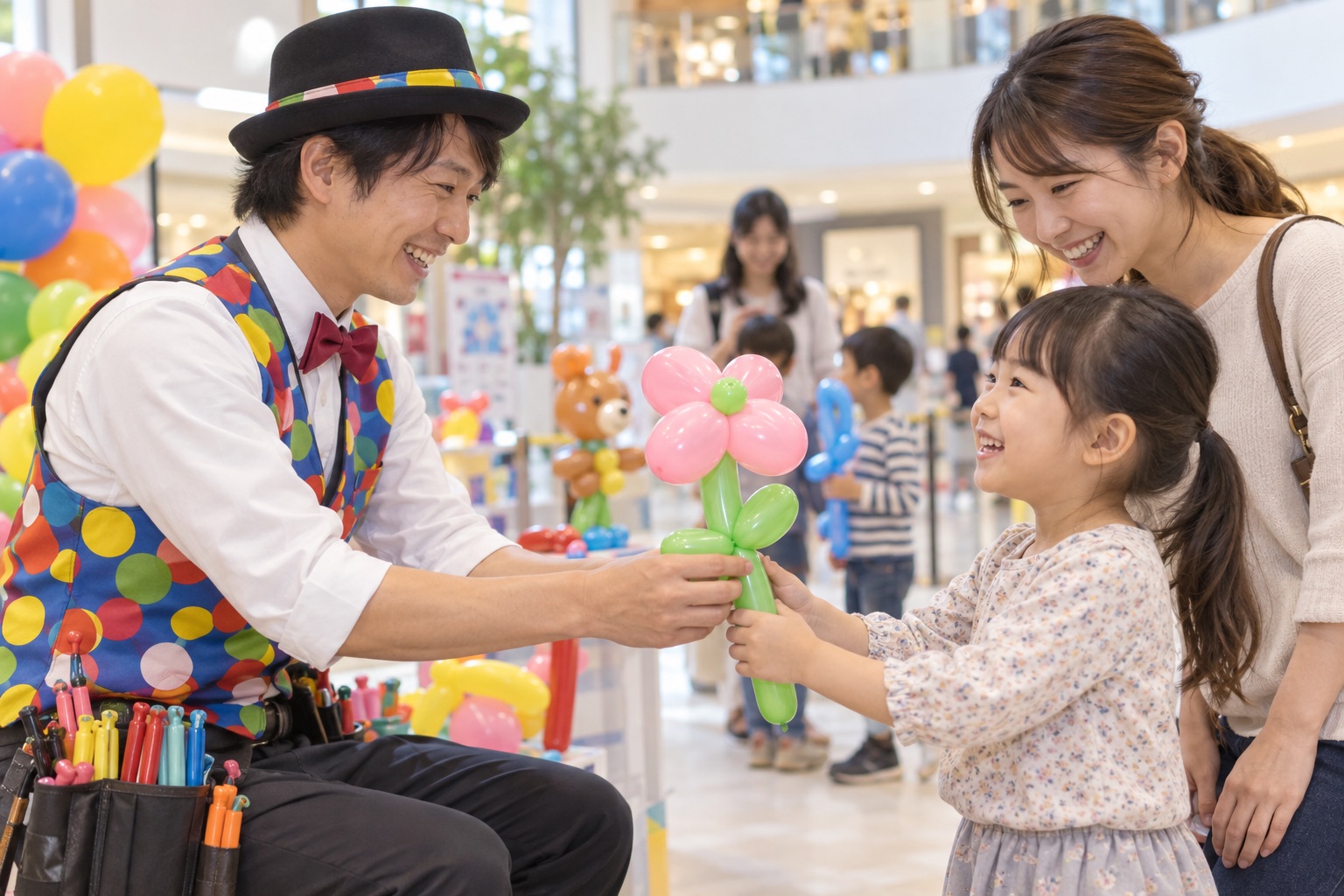 商業施設で花のバルーンを子どもへ手渡す配布イメージ