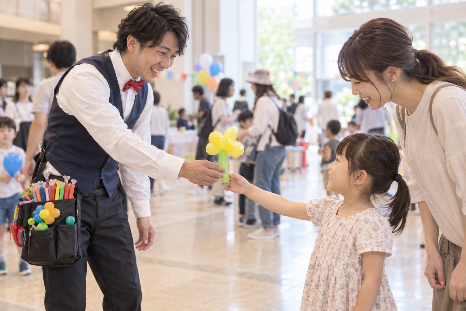 会場内を回るアーティストが子どもへ花のバルーンを渡すイメージ